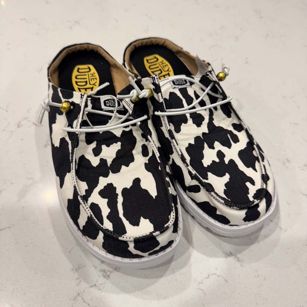 Hey Dude Women's Black and White Cow Print Moccasins